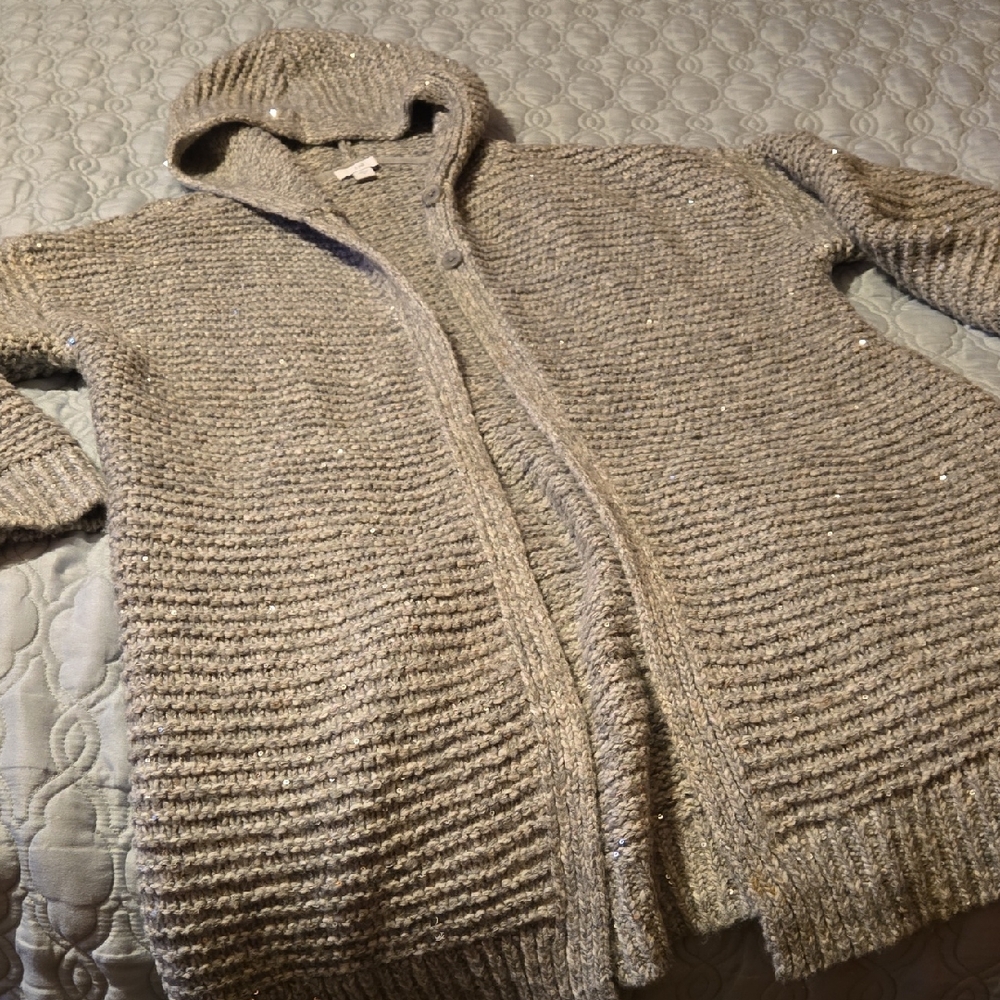 J. Jill Textured Gray Knit Hooded Sweater With Sequins